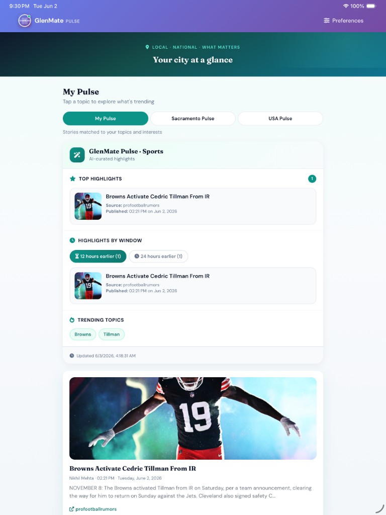 GlenMate Pulse My Pulse feed with local and national headlines by topic